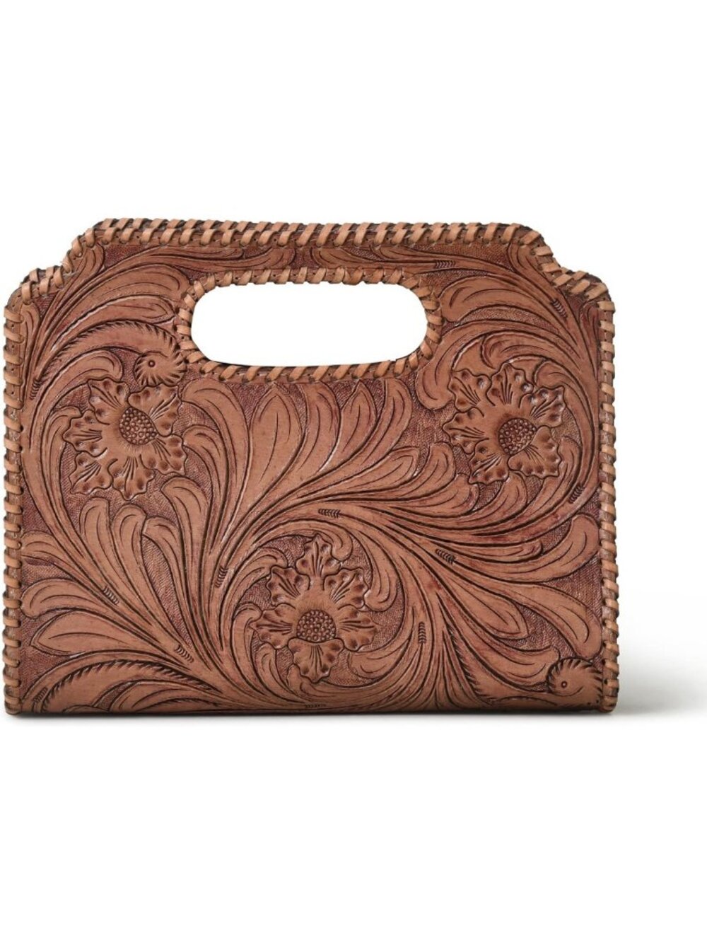 Handmade Vintage Floral Leather Clutch Purse - Western Style Embossed Handbag
